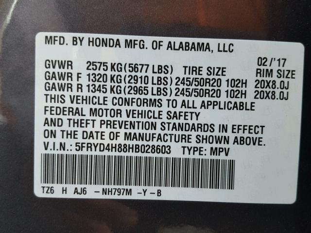 5FRYD4H88HB028603 - 2017 ACURA MDX ADVANC GRAY photo 10
