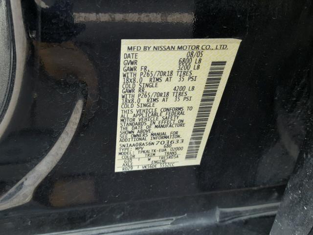 5N1AA08A56N703633 - 2006 NISSAN ARMADA SE BLACK photo 10