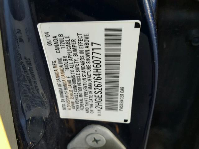 2HGES26764H607717 - 2004 HONDA CIVIC EX BLUE photo 10