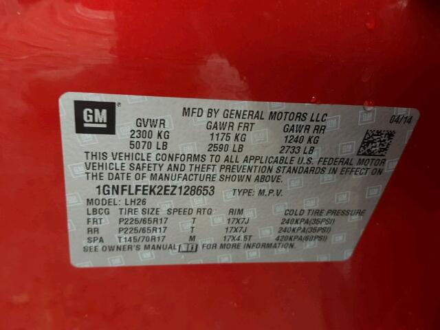 1GNFLFEK2EZ128653 - 2014 CHEVROLET EQUINOX LT RED photo 10