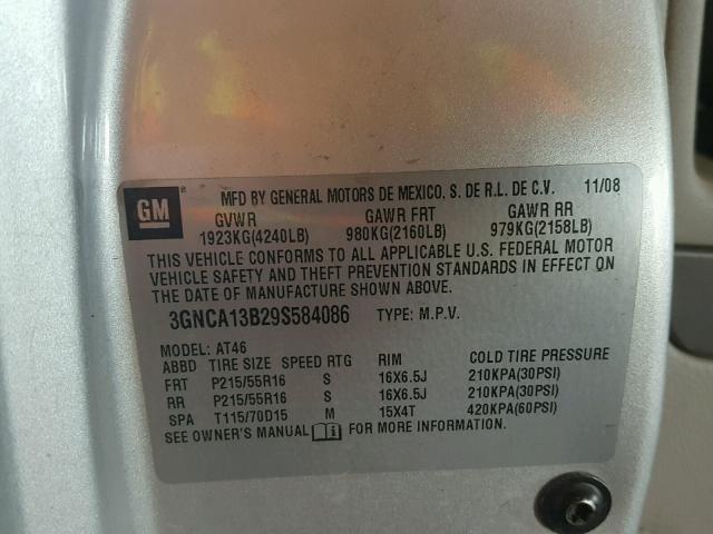 3GNCA13B29S584086 - 2009 CHEVROLET HHR LS SILVER photo 10