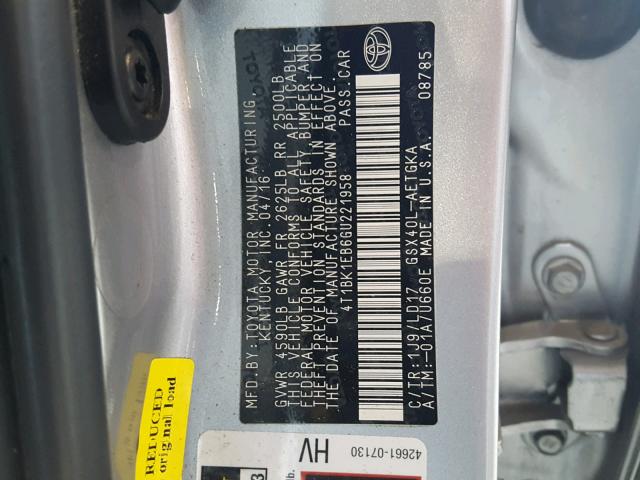 4T1BK1EB6GU221958 - 2016 TOYOTA AVALON XLE SILVER photo 10