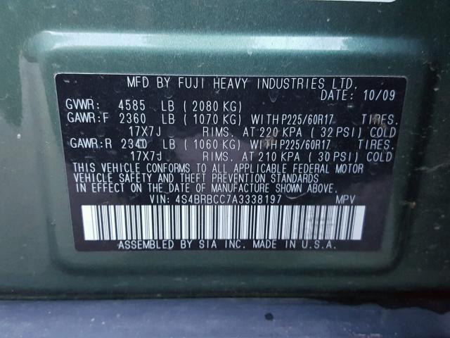 4S4BRBCC7A3338197 - 2010 SUBARU OUTBACK 2. GREEN photo 10