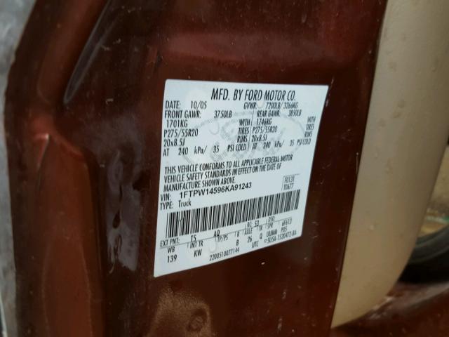 1FTPW14596KA91243 - 2006 FORD F150 SUPER MAROON photo 10