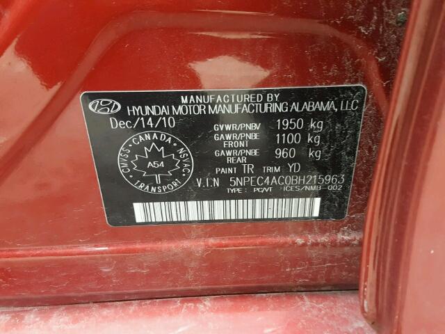 5NPEC4AC0BH215963 - 2011 HYUNDAI SONATA SE RED photo 10