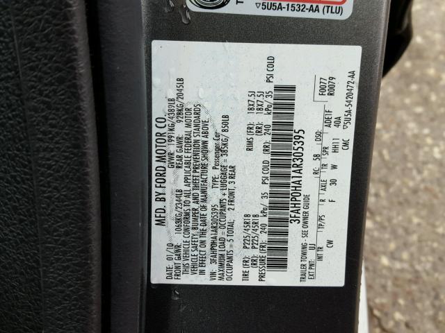 3FAHP0HA1AR305395 - 2010 FORD FUSION SE GRAY photo 10