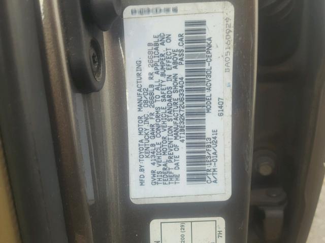 4T1BE32K72U633404 - 2002 TOYOTA CAMRY LE GRAY photo 10