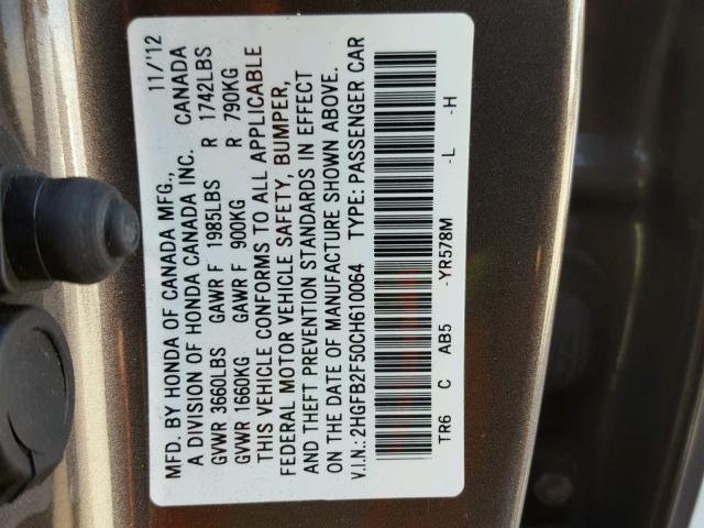 2HGFB2F50CH610064 - 2012 HONDA CIVIC LX GRAY photo 10