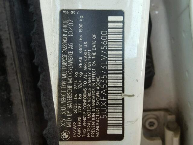 5UXFA53573LV75600 - 2003 BMW X5 3.0I WHITE photo 10