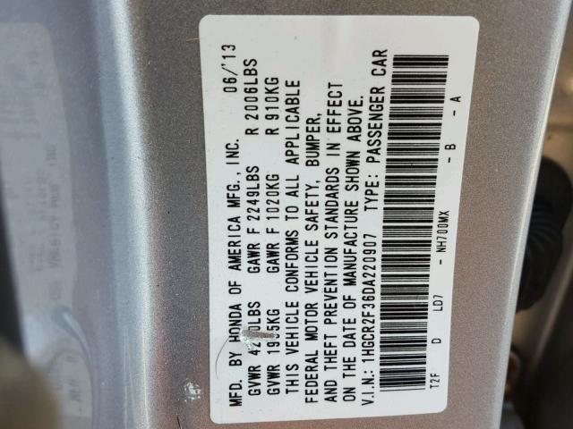 1HGCR2F36DA220907 - 2013 HONDA ACCORD LX SILVER photo 10