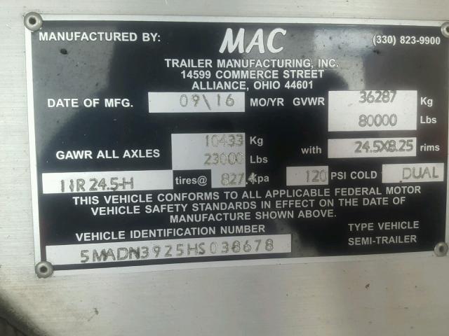 5MADN3925HS038678 - 2017 MACK TRAILER SILVER photo 10