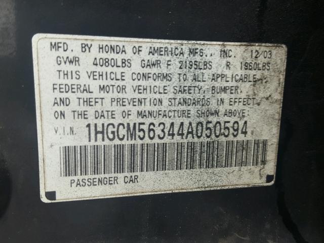 1HGCM56344A050594 - 2004 HONDA ACCORD LX BLACK photo 10