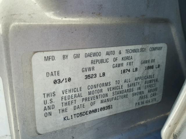 KL1TD5DE0AB109351 - 2010 CHEVROLET AVEO LS SILVER photo 10