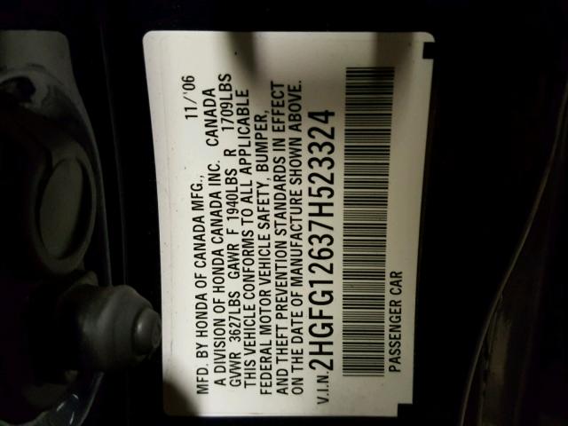 2HGFG12637H523324 - 2007 HONDA CIVIC BLUE photo 10