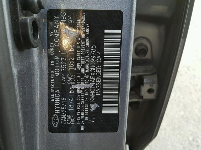 KMHCT4AEXGU099785 - 2016 HYUNDAI ACCENT SE GRAY photo 10