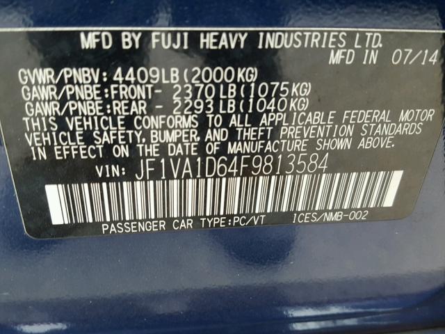 JF1VA1D64F9813584 - 2015 SUBARU WRX PREMIU BLUE photo 10