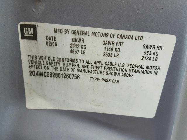 2G4WC582861260756 - 2006 BUICK LACROSSE C SILVER photo 10