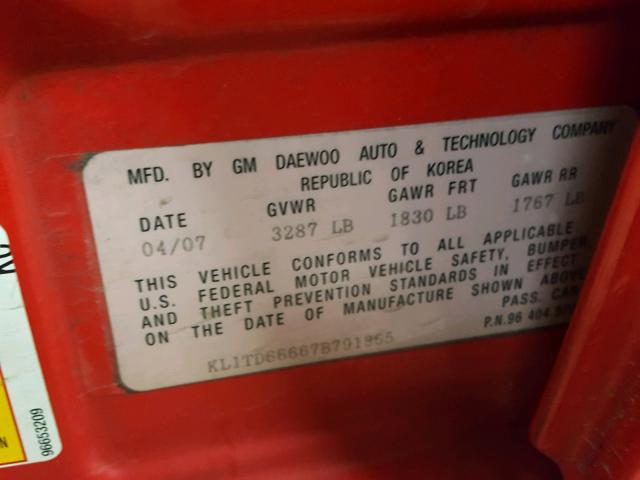 KL1TD66667B791365 - 2007 CHEVROLET AVEO BASE Қызыл фото 10