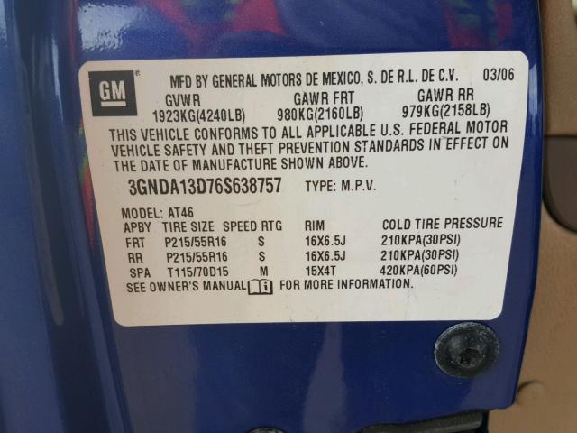 3GNDA13D76S638757 - 2006 CHEVROLET HHR LS Azul foto 10