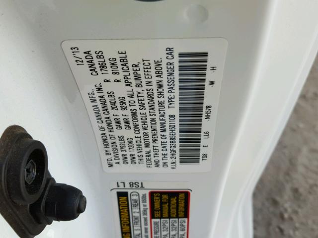 2HGFG3B85EH501108 - 2014 HONDA CIVIC EX WHITE photo 10