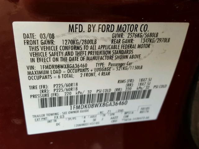 1FMDK08WX8GA36460 - 2008 FORD TAURUS X BURGUNDY photo 10