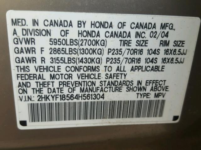 2HKYF18564H561304 - 2004 HONDA PILOT EXL TAN photo 10