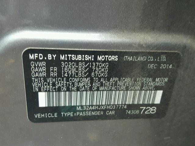 ML32A4HJXFH037774 - 2015 MITSUBISHI MIRAGE ES GRAY photo 10