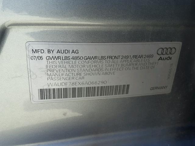 WAUDF78EX6A066290 - 2006 AUDI A4 2.0T QU SILVER photo 10