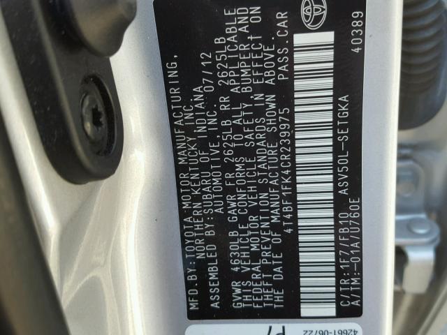 4T4BF1FK4CR239975 - 2012 TOYOTA CAMRY BASE GRAY photo 10