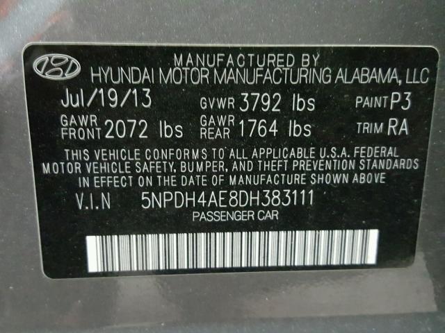 5NPDH4AE8DH383111 - 2013 HYUNDAI ELANTRA GL GRAY photo 10