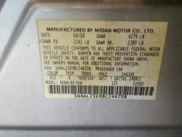 1N4AL21E98C246708 - 2008 NISSAN ALTIMA 2.5 SILVER photo 10