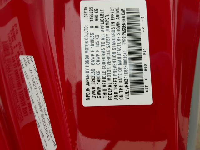 JHMZF1C68FS003641 - 2015 HONDA CR-Z EX RED photo 10