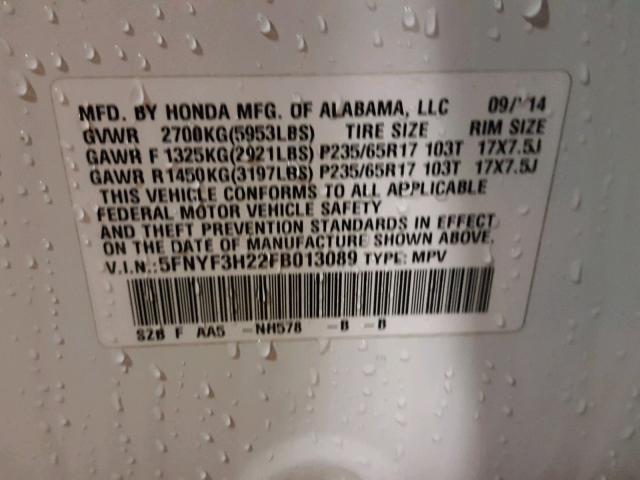 5FNYF3H22FB013089 - 2015 HONDA PILOT LX WHITE photo 10