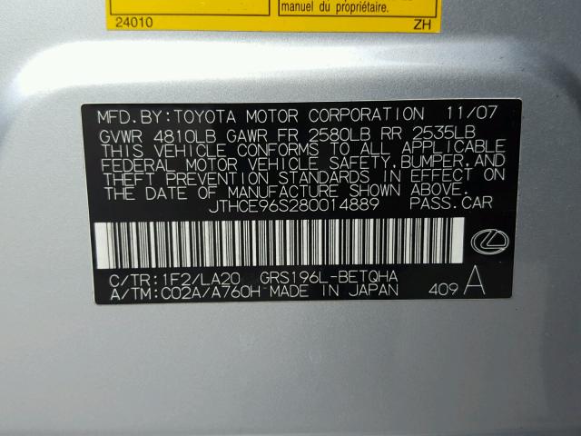 JTHCE96S280014889 - 2008 LEXUS GS 350 SILVER photo 10