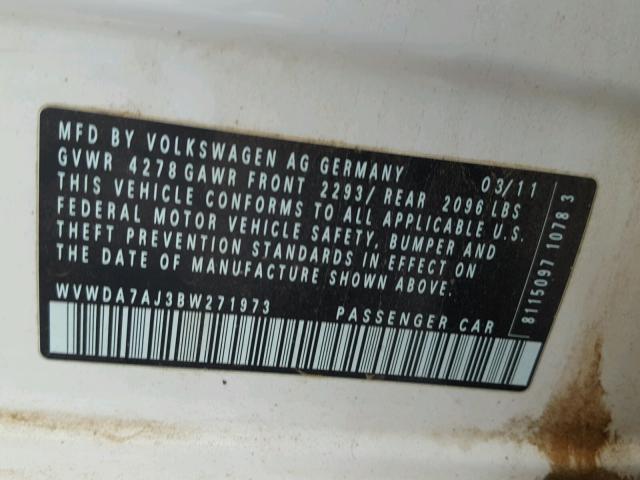 WVWDA7AJ3BW271973 - 2011 VOLKSWAGEN GOLF 白色 照片 10