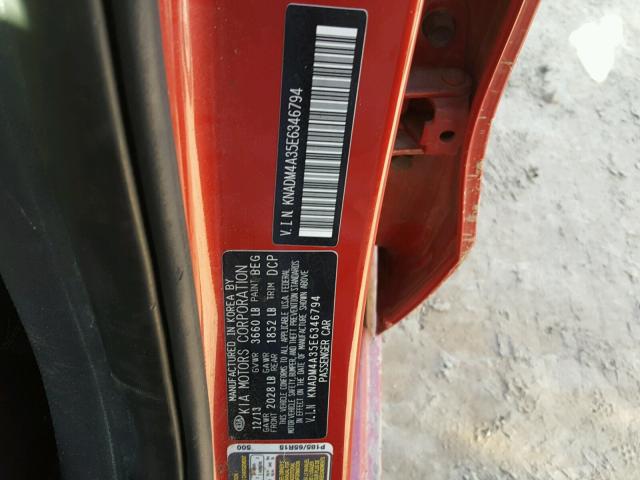 KNADM4A35E6346794 - 2014 KIA RIO LX RED photo 10