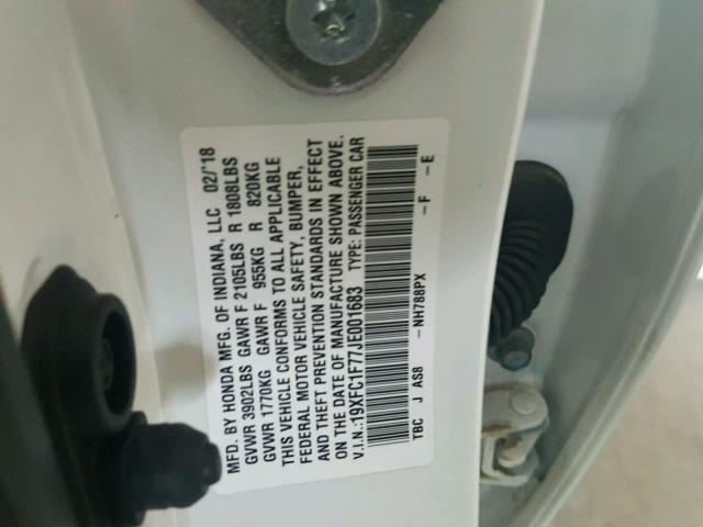 19XFC1F77JE001683 - 2018 HONDA CIVIC EXL WHITE photo 10