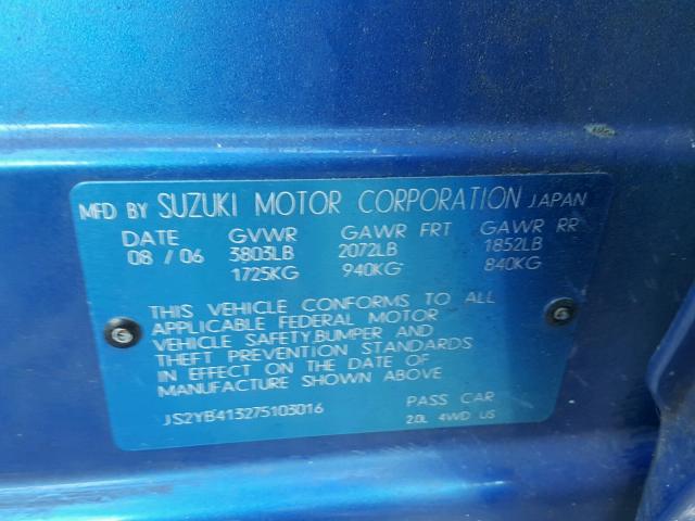 JS2YB413275103016 - 2007 SUZUKI SX4 BLUE photo 10