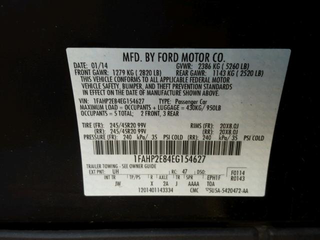 1FAHP2E84EG154627 - 2014 FORD TAURUS SEL BLACK photo 10