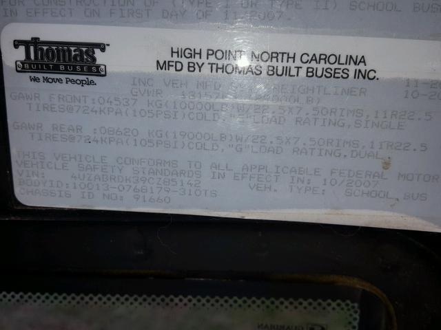 4UZABRDK39CZ85142 - 2009 FREIGHTLINER CHASSIS B2 黄色 照片 10