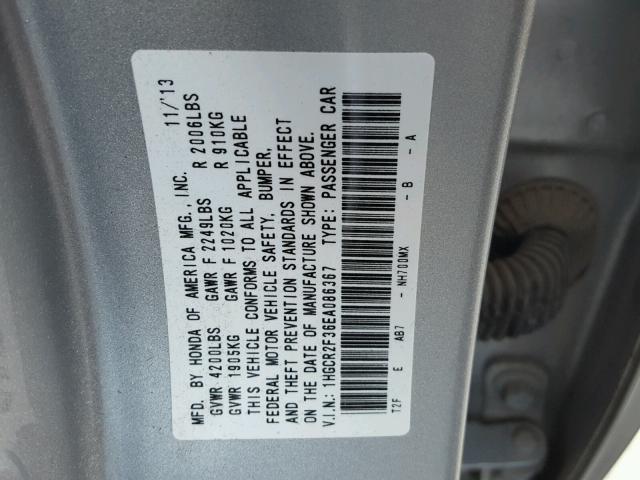 1HGCR2F36EA086367 - 2014 HONDA ACCORD LX SILVER photo 10