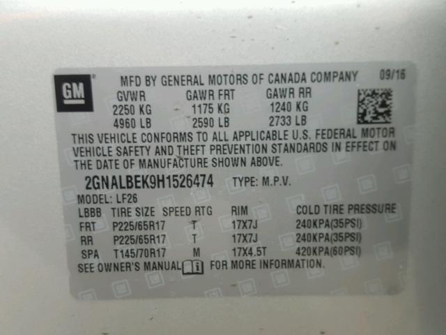 2GNALBEK9H1526474 - 2017 CHEVROLET EQUINOX LS SILVER photo 10