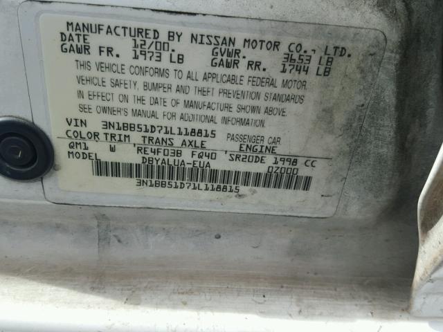 3N1BB51D71L118815 - 2001 NISSAN SENTRA SE WHITE photo 10