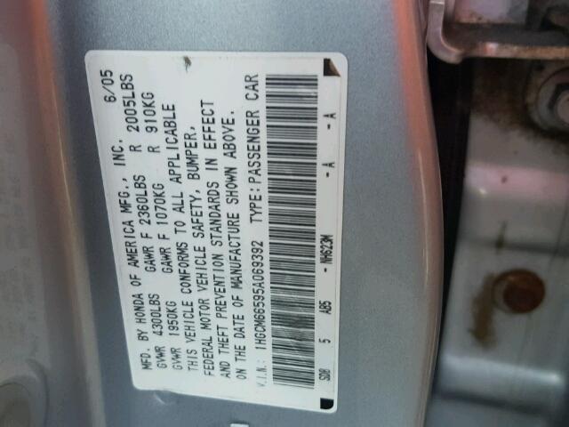 1HGCM66595A069392 - 2005 HONDA ACCORD EX SILVER photo 10