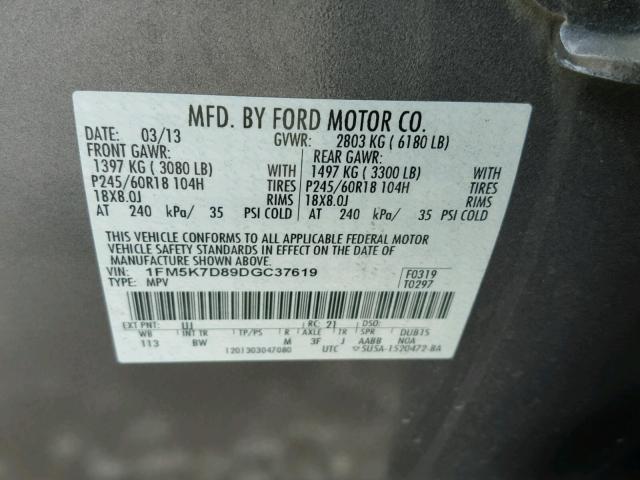 1FM5K7D89DGC37619 - 2013 FORD EXPLORER X GRAY photo 10