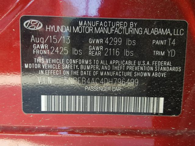 5NPEB4AC4DH796499 - 2013 HYUNDAI SONATA GLS RED photo 10