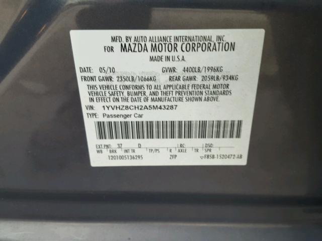 1YVHZ8CH2A5M43287 - 2010 MAZDA 6 I GRAY photo 10