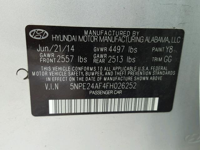 5NPE24AF4FH026252 - 2015 HYUNDAI SONATA SE SILVER photo 10