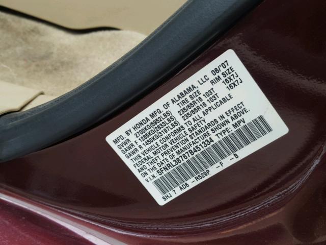 5FNRL38767B451334 - 2007 HONDA ODYSSEY EX MAROON photo 10