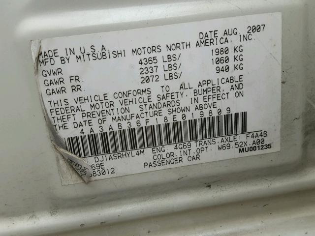 4A3AB36F18E019809 - 2008 MITSUBISHI GALANT ES WHITE photo 10